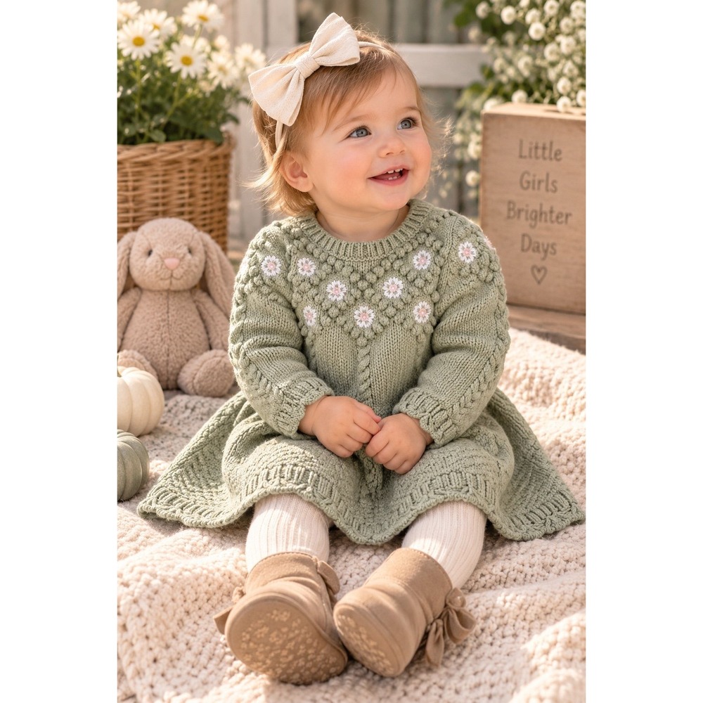 Cupcakes and Cashmere Baby Girls 6-9M Sage Green Floral Cable Knit Dress